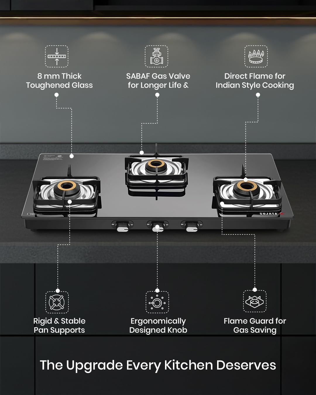 Black glass top 3 burner gas stove with SABAF valve and forged brass burners