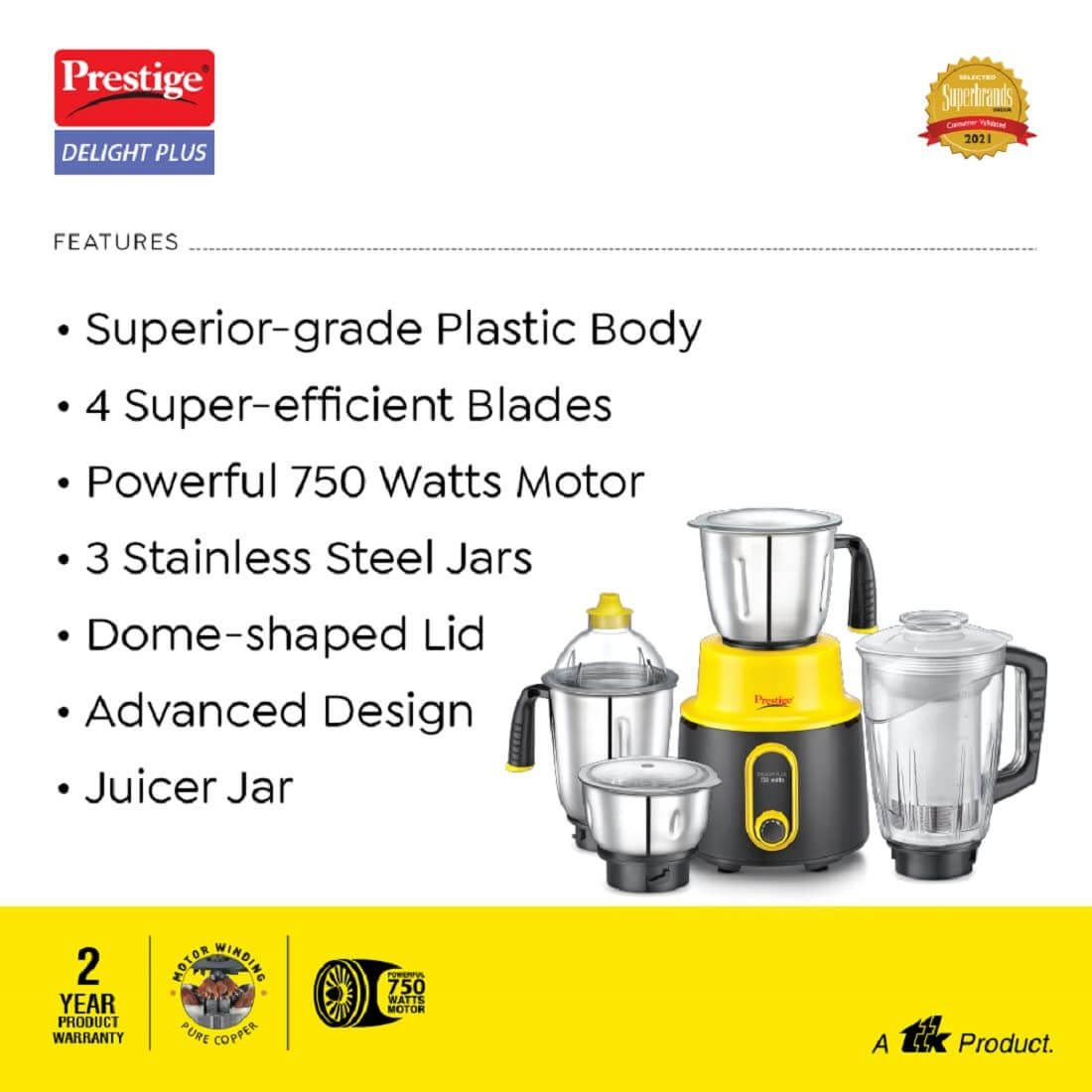 Prestige Delight Plus 750W Mixer Grinder | 3 SS Jars & 1 Juicer Jar
