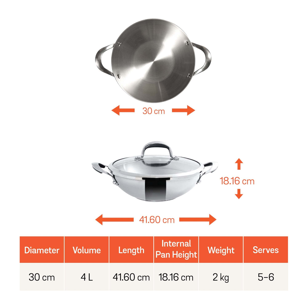 Meyer Select Stainless Steel Kadai 30cm / 4 Litre with Glass Lid — 5mm Sandwich Base, Induction Ready
