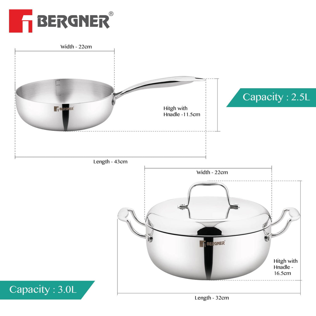 Bergner Argent Triply Cookware Set with Frypan, Casserole, and Lid dimesnions