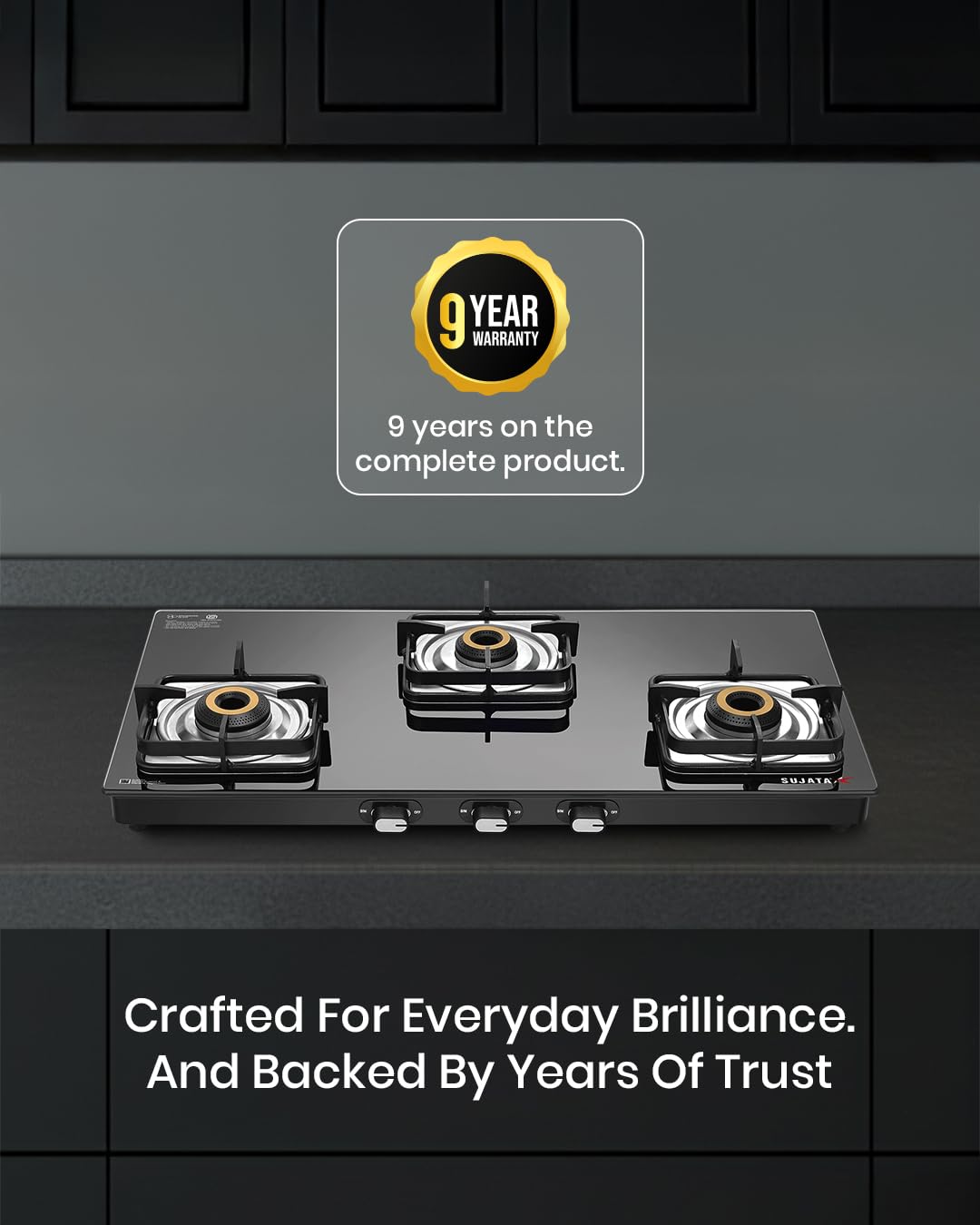 Sujata gas stove 3 burner with rigid pan supports and flame guard