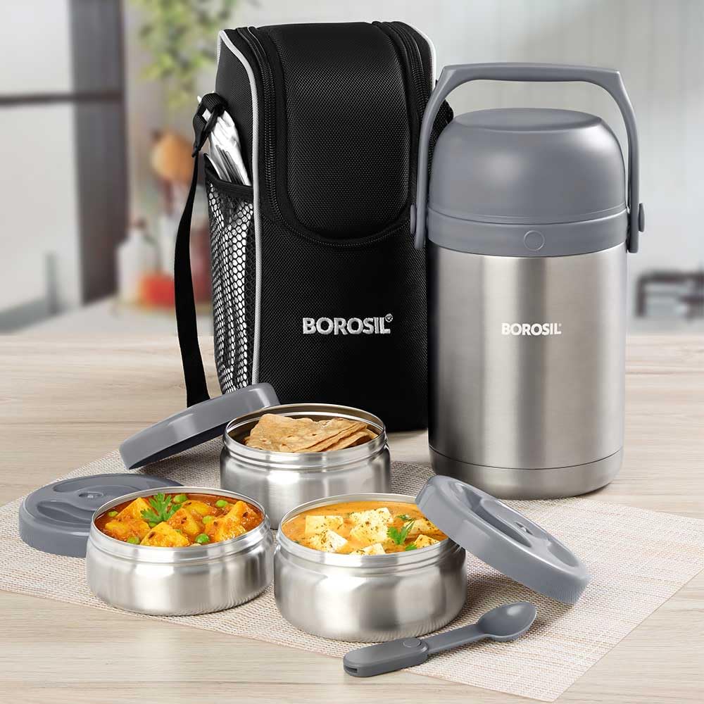 Borosil - Hot-N-Fresh Stainless Steel Insulated Lunch Box, Set of 3 (1pcs 350 ml + 2pcs 420 ml), Grey