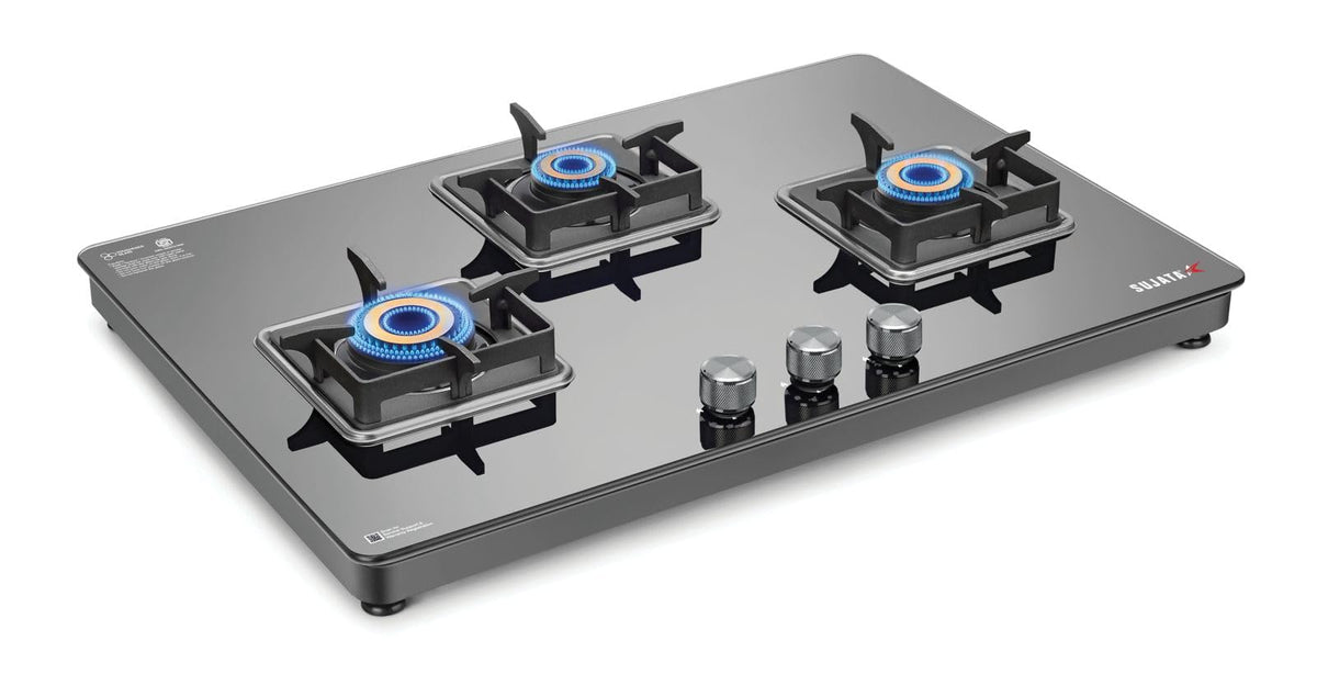 Sujata Premium 3 Burner Gas Stove with Glass Top - 9 Years Warranty - SABAF & ISI Certified