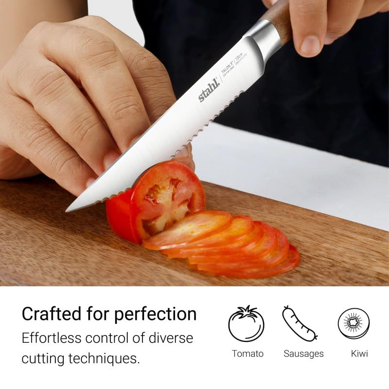 Stahl Talon tomato knife natural walnut wood handle showing wood grain and ergonomic shape