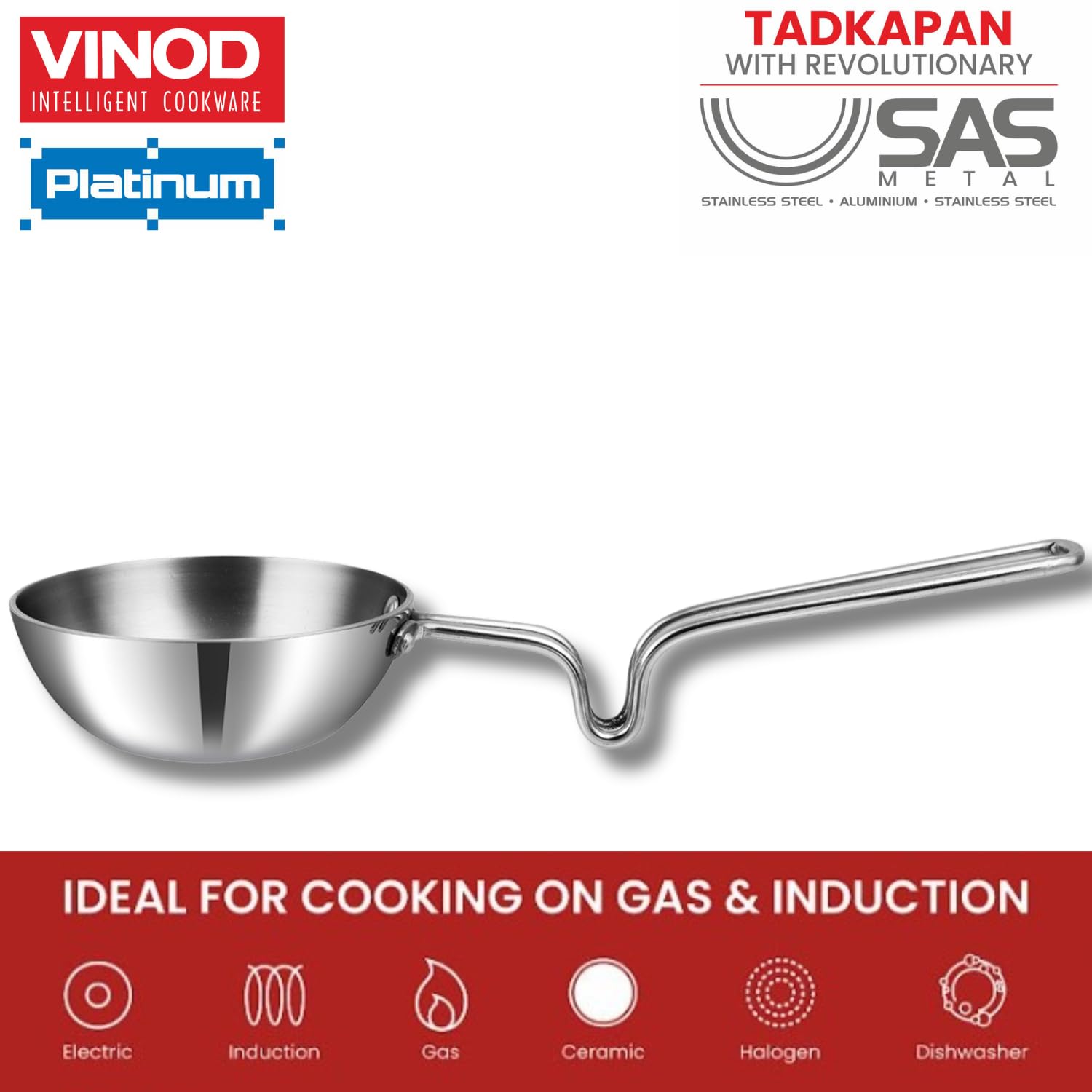 Vinod Platinum Triply Stainless Steel Tadka Pan Large - 300 ml, 11 cm | Balance Design Handle | Vagar Pan | Baghar Pan| Chounk Pan | Flame Safe| 5 Year Warranty - Silver