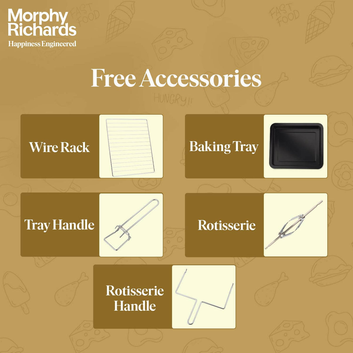 Morphy Richards free accessories for 20R OTG Oven including wire rack, baking tray, tray handle, rotisserie, and rotisserie handle.