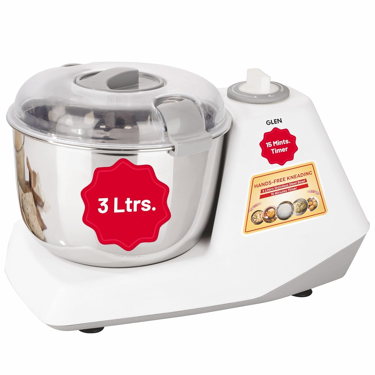 Glen SA-3032DM atta maker 3 litre white with stainless steel bowl front view