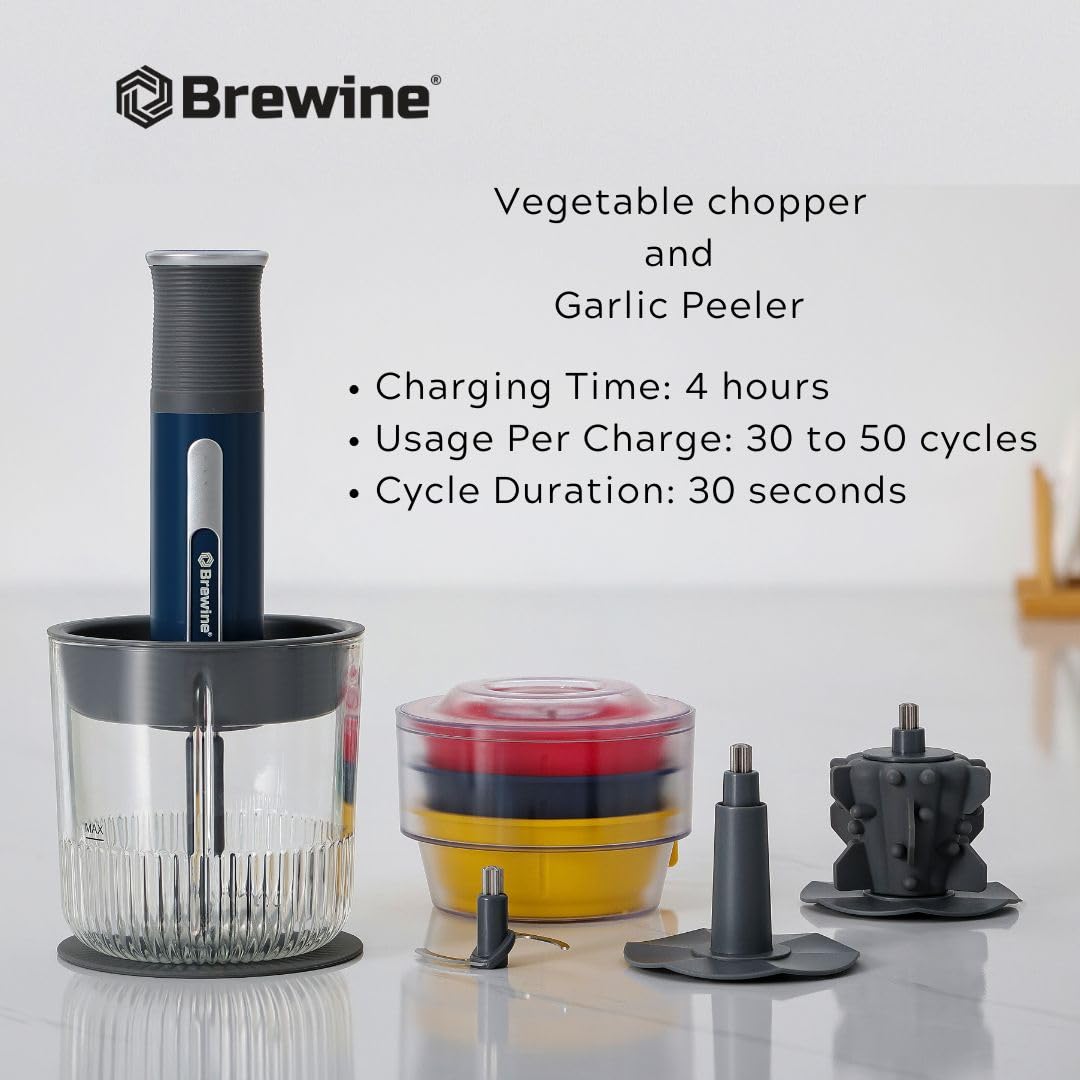 Portable USB food chopper in blue with three stackable mini prep bowls red yellow colors and garlic cloves on anti-skid pad