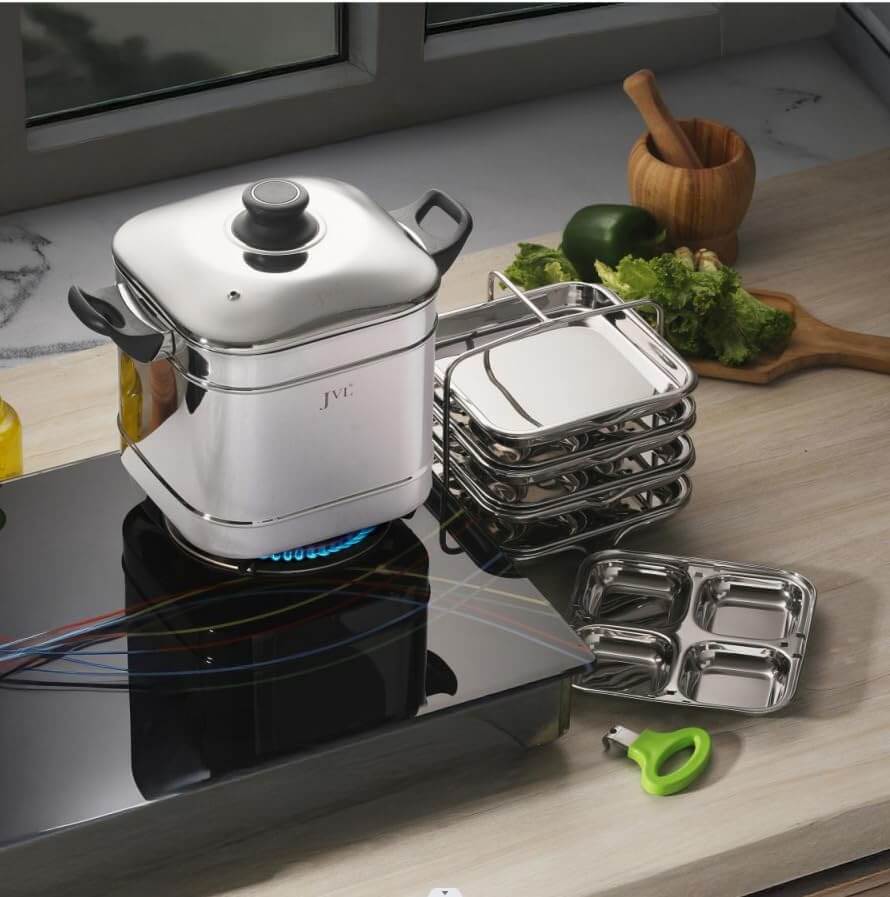 JVL square stainless steel idly dhokla maker with 4 plates and plain lid