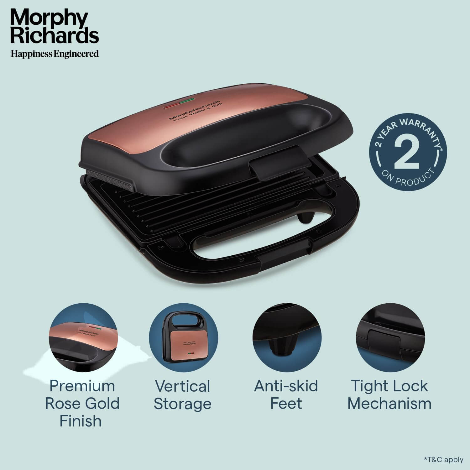 Morphy Richards 750W sandwich maker in rose gold with vertical storage, anti-skid feet, and tight lock mechanism.