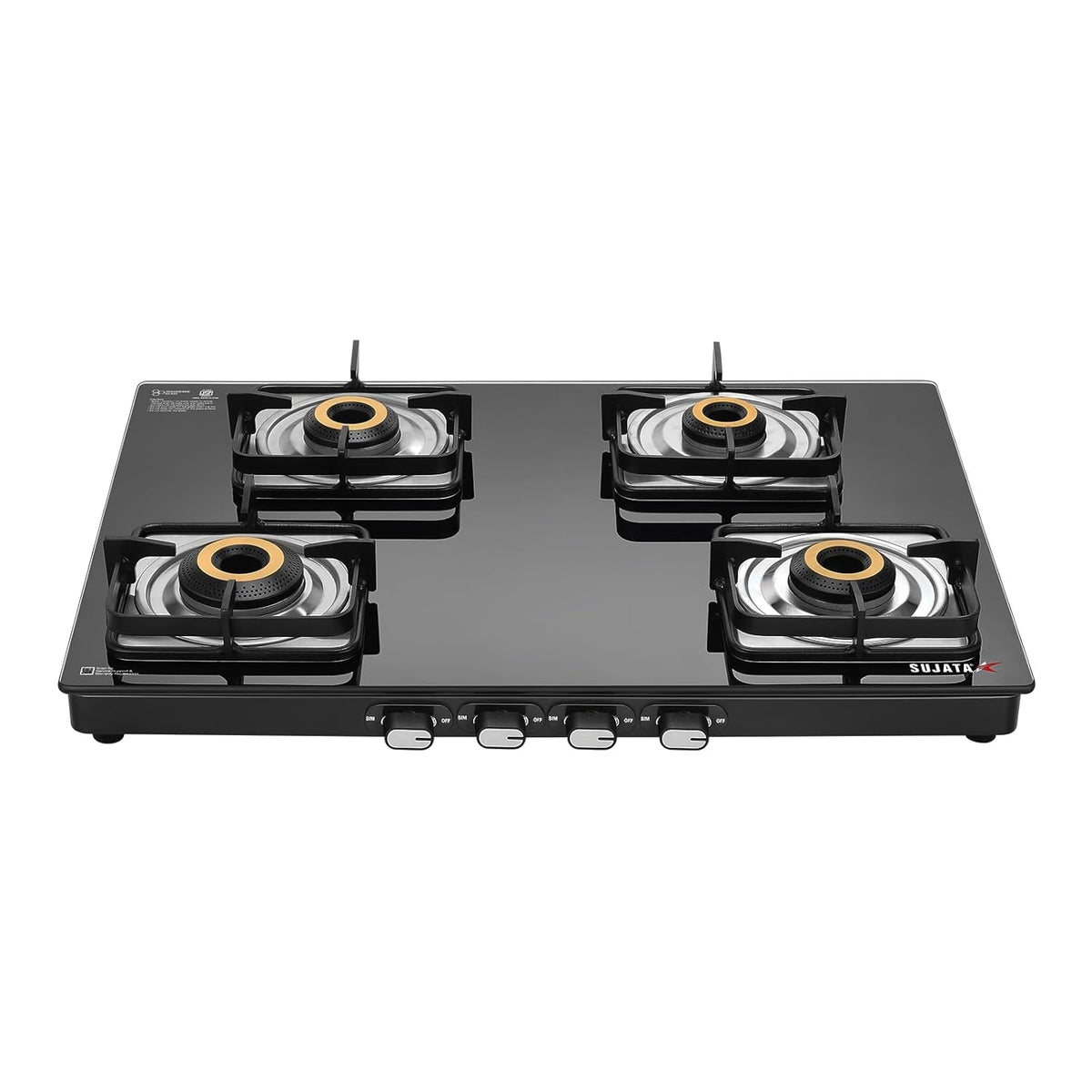 Sujata Classic 4 burner gas stove with 8mm black toughened glass top