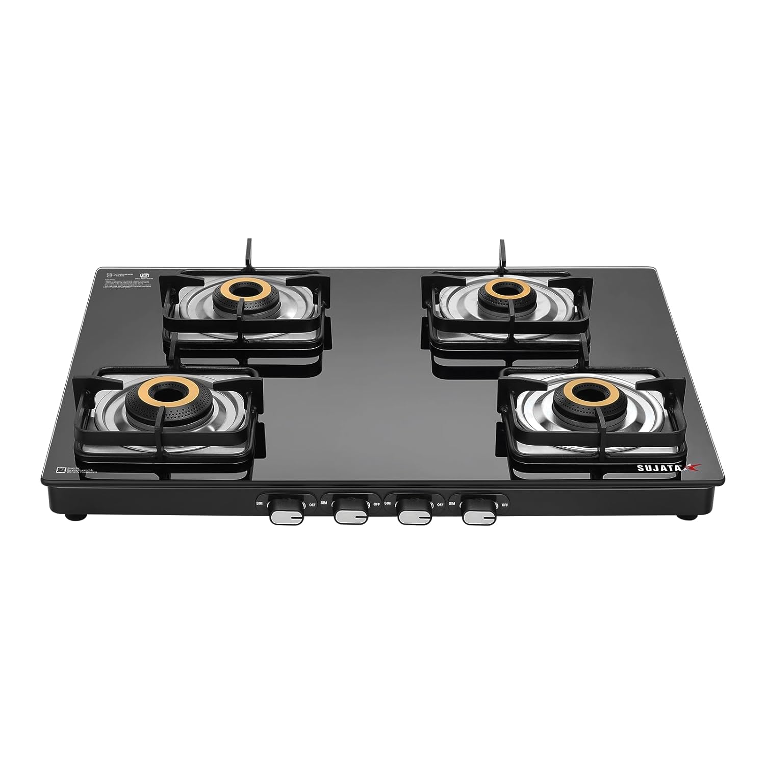Sujata Classic 4 burner gas stove with 8mm black toughened glass top
