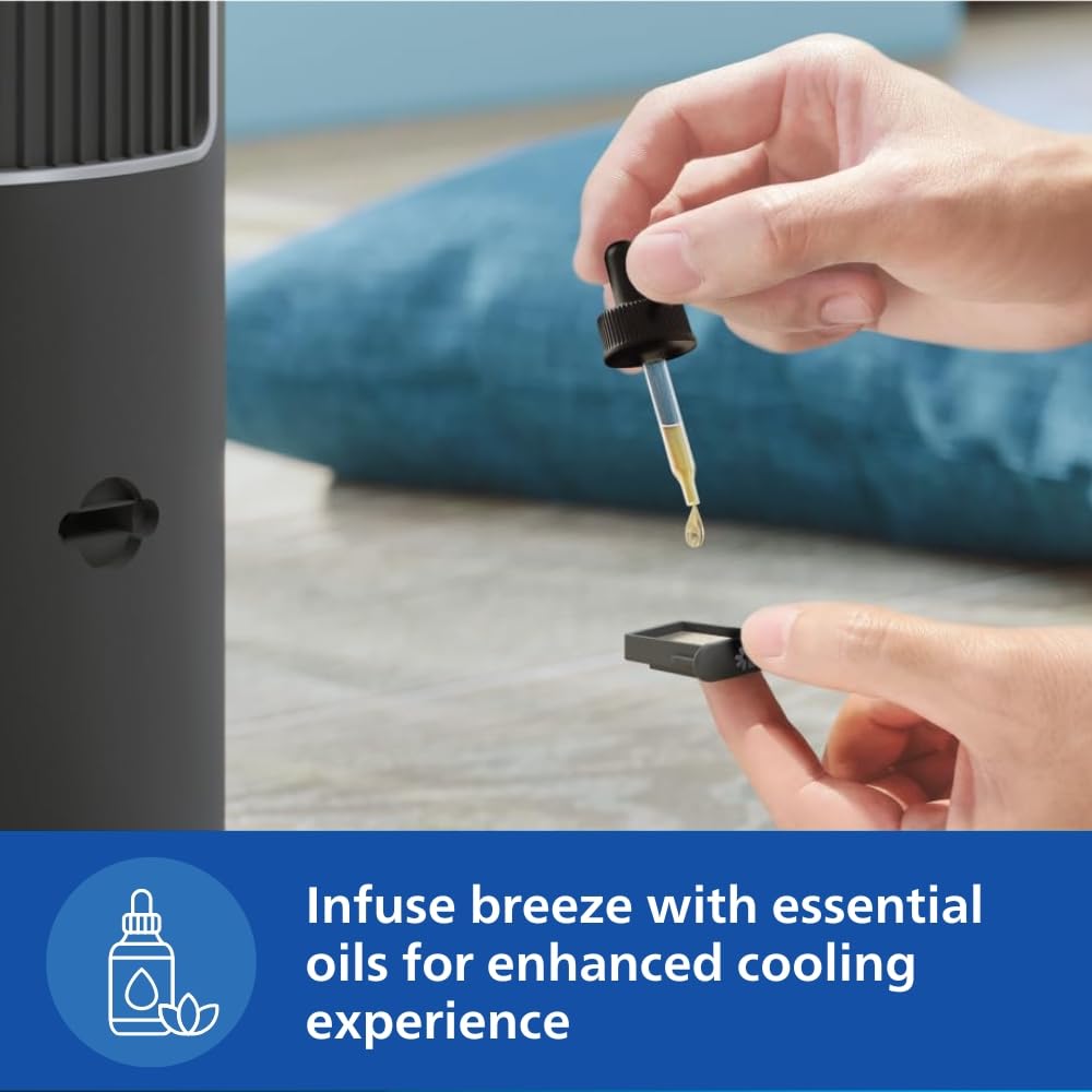 Philips tower fan with aromatherapy feature and digital display showing timer settings