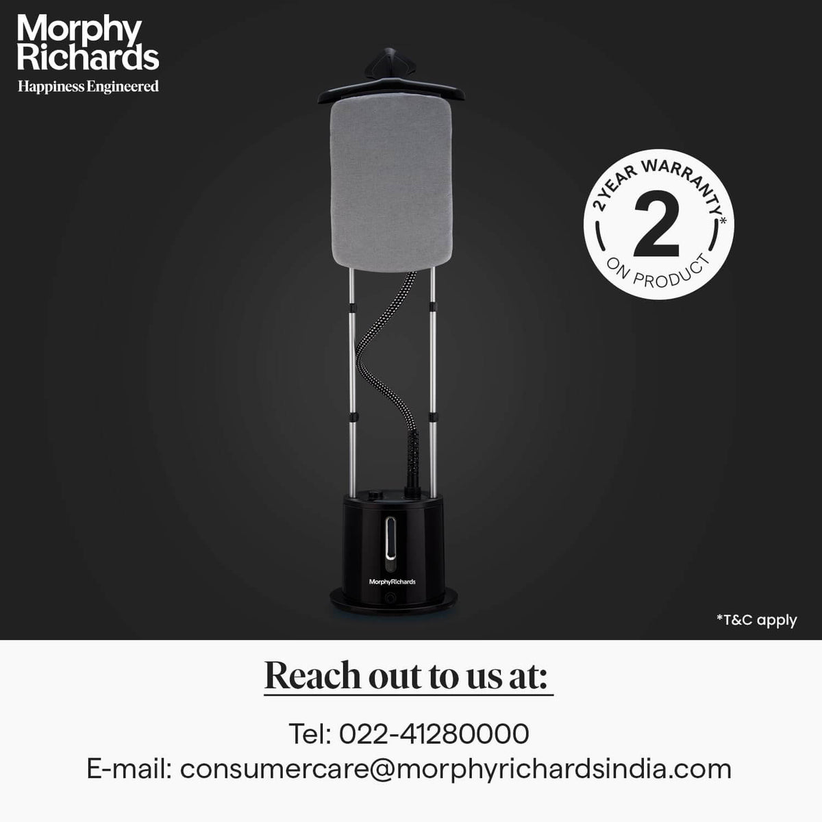 Black upright fabric steamer 1650mm height with 1.7L detachable water tank and steam hose