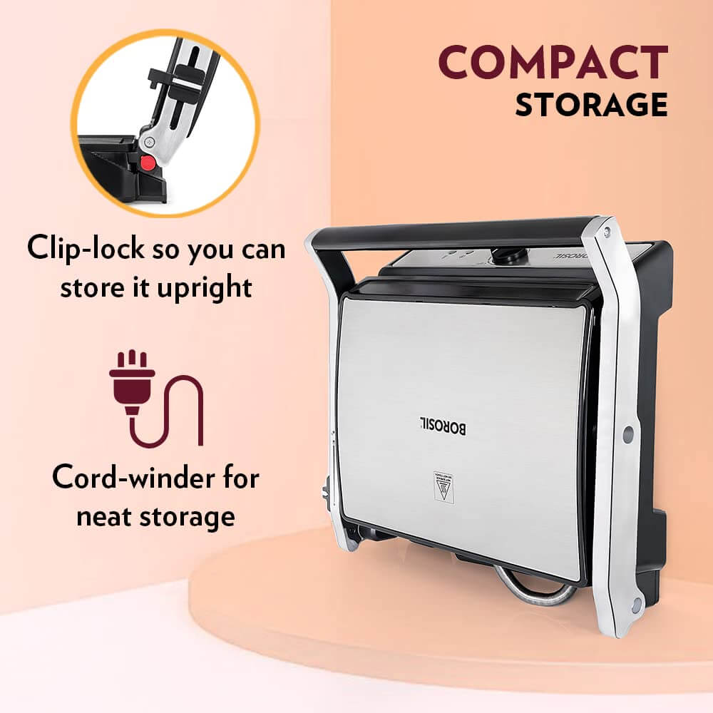 Borosil Super Jumbo Sandwich Grill Maker with clip-lock for upright storage and cord-winder for neat organization.