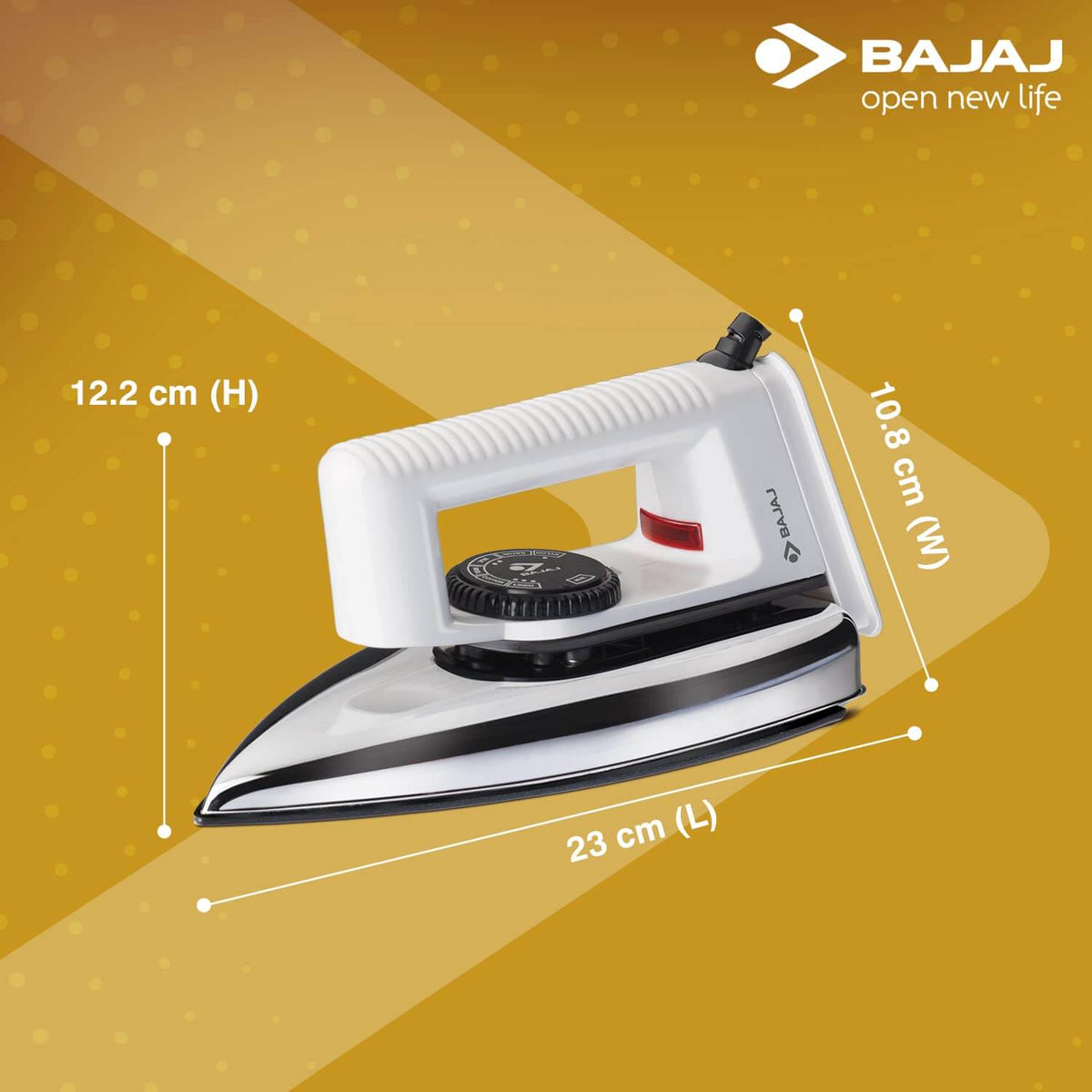 Lightweight 1000W Bajaj dry iron featuring cool touch handle and swivel cord