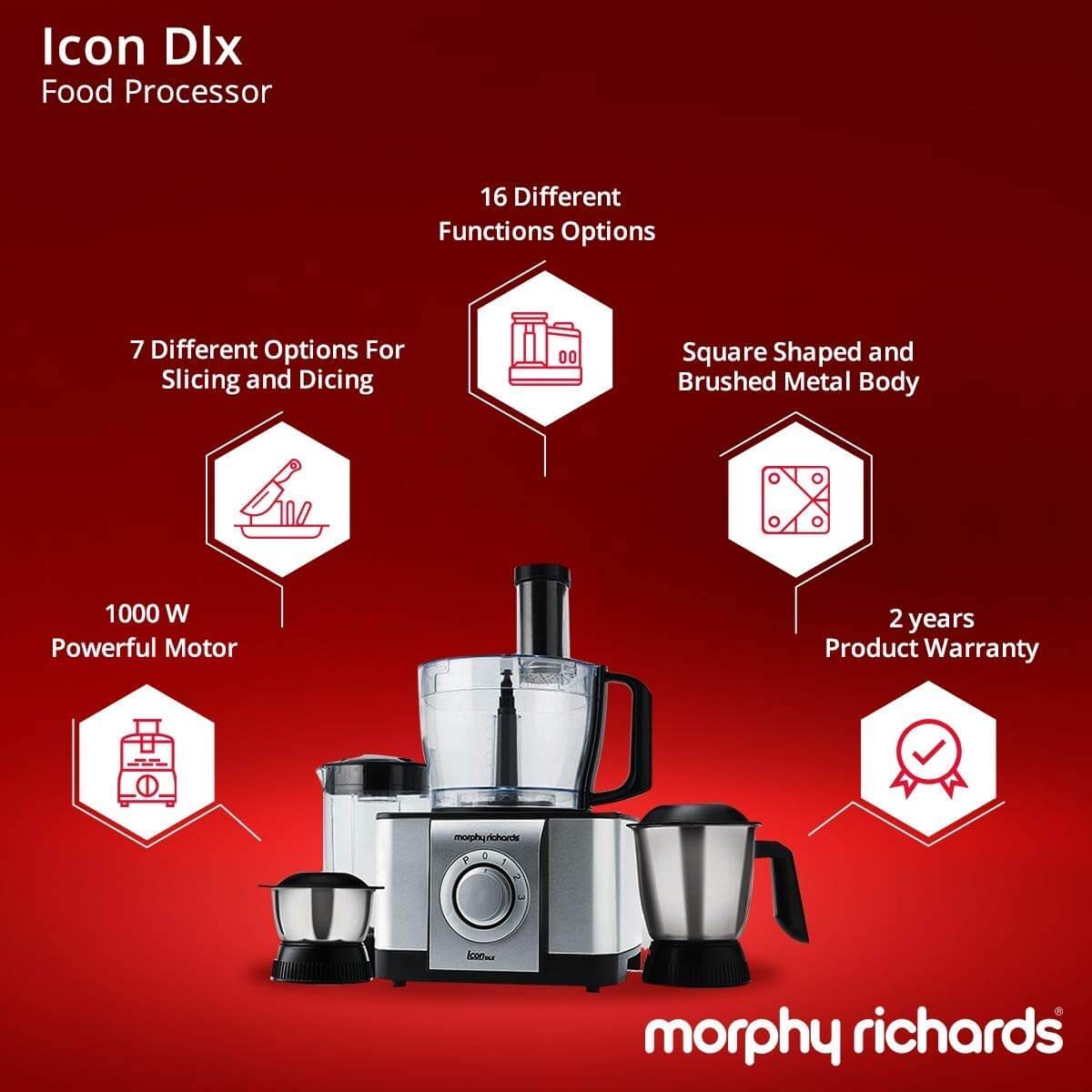 Full set of jars and attachments included with the Morphy Richards Icon DLX.