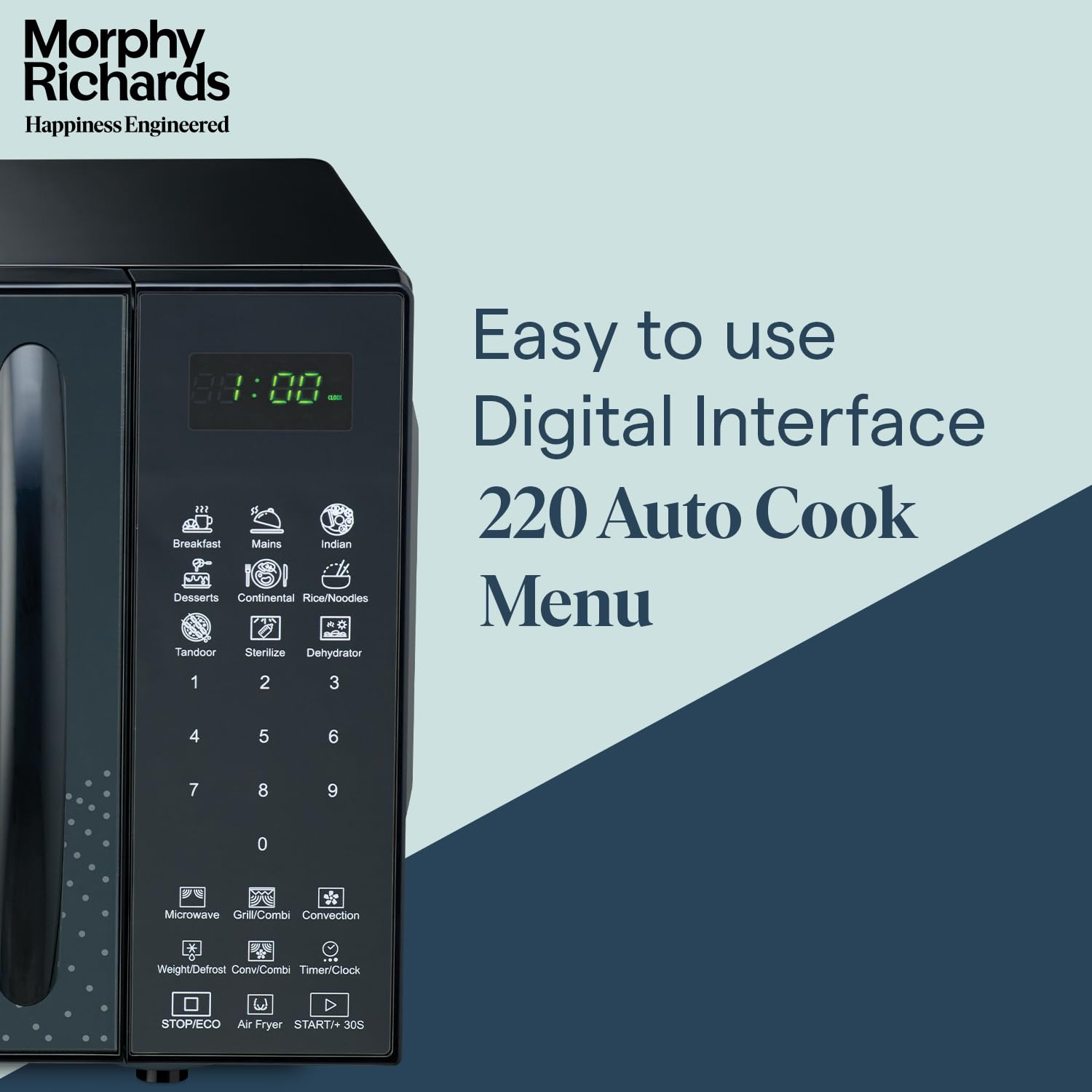 Morphy Richards Air 23Cgad Convection Microwave Oven for Kitchen, with in-Built Air Fryer & Dehydrator|23 Litre with 220 Autocook Menu