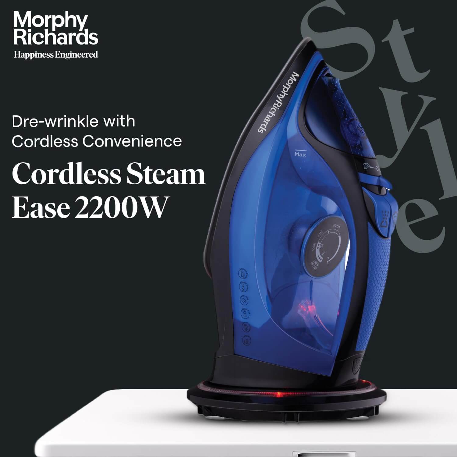 Morphy Richards cordless steam iron on a dark background with brand name and product details.
