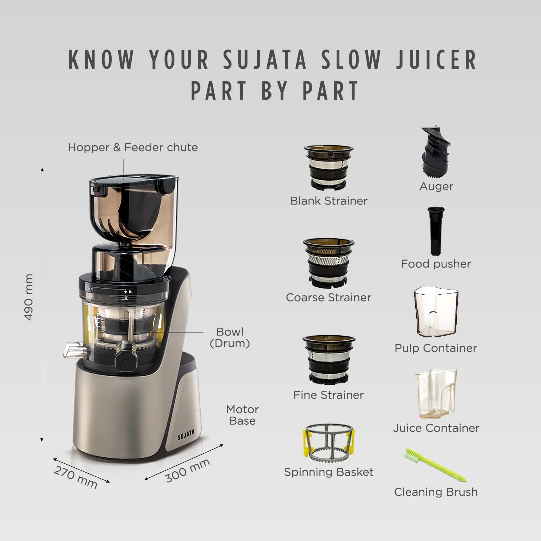 Sujata SJ01 cold press slow juicer in brushed champagne finish with dual feeding chute