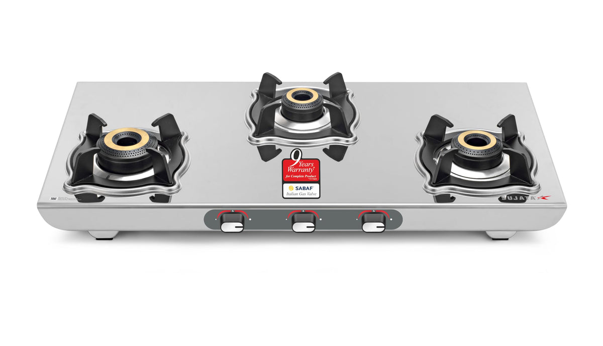 Sujata Majestic 3 burner stainless steel gas stove with SABAF valve and ISI certification
