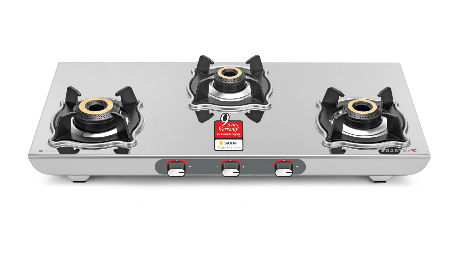 Sujata Majestic 3 burner stainless steel gas stove with SABAF valve and ISI certification
