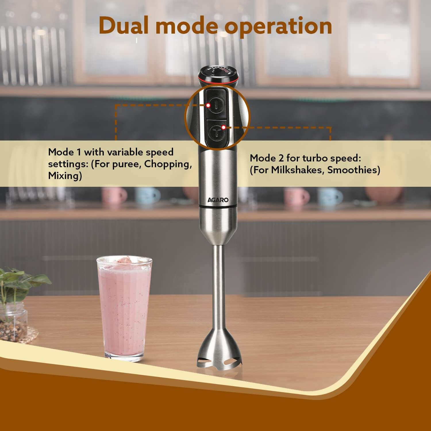 AGARO Grand Hand Blender showing speed regulator dial and stainless steel shaft