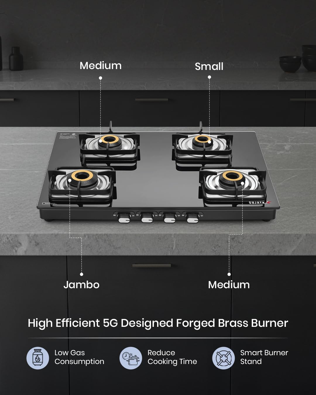 Sujata Classic gas stove 4 burners with Italian SABAF valve and ISI certification