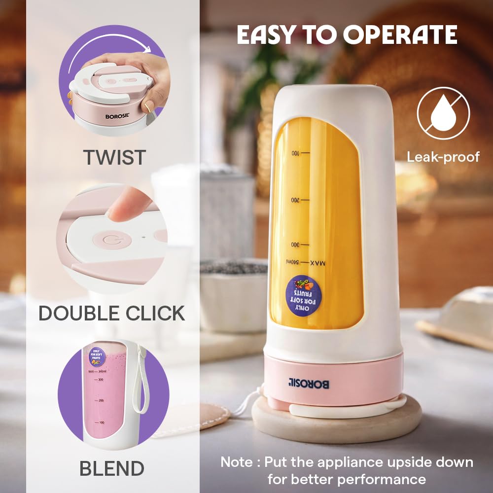 Stylish Borosil Pink portable blender for kitchen, office and travel use