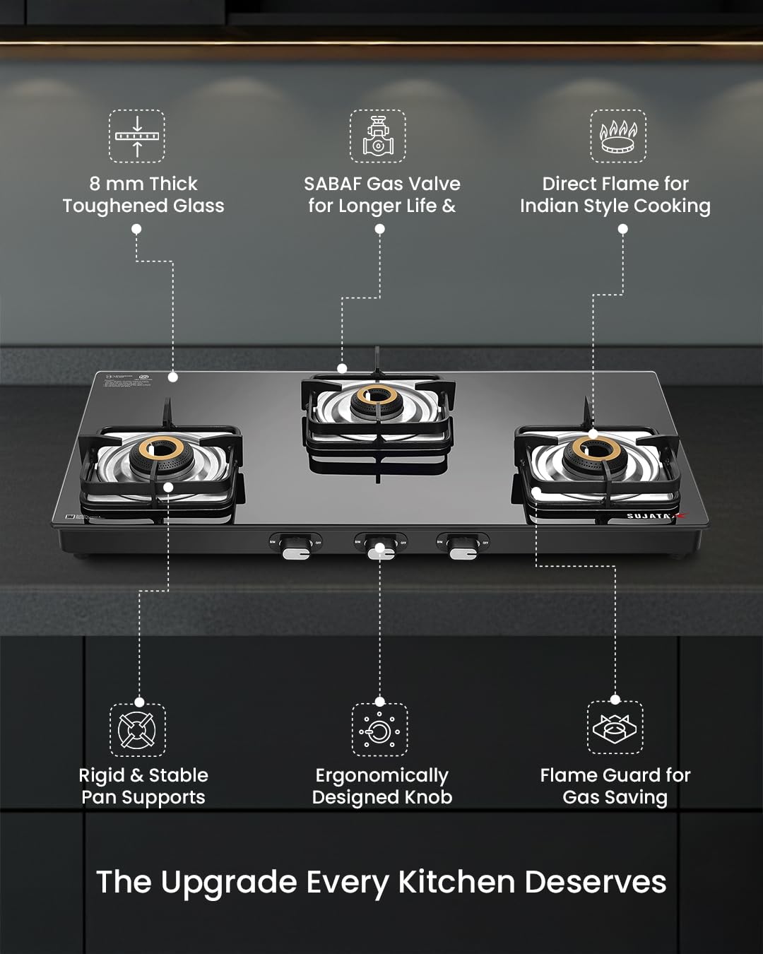 ISI certified Sujata auto ignition 3 burner gas stove LPG and PNG compatible