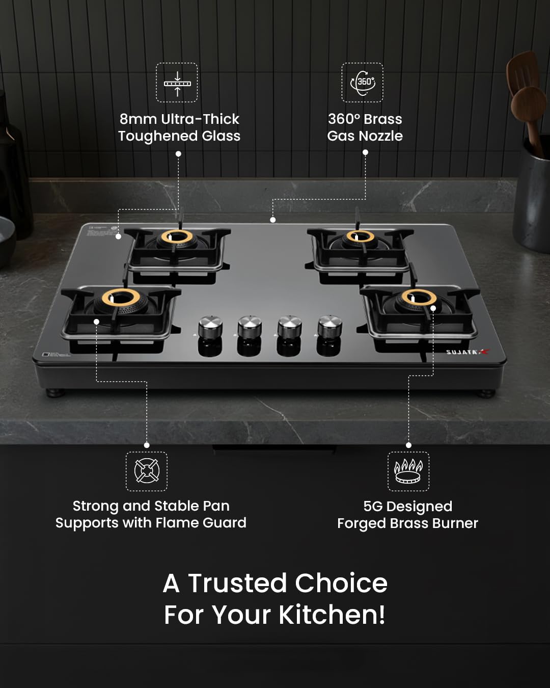 sujata premium glass top Gas stove features Gas stove with features highlighted on a dark kitchen background