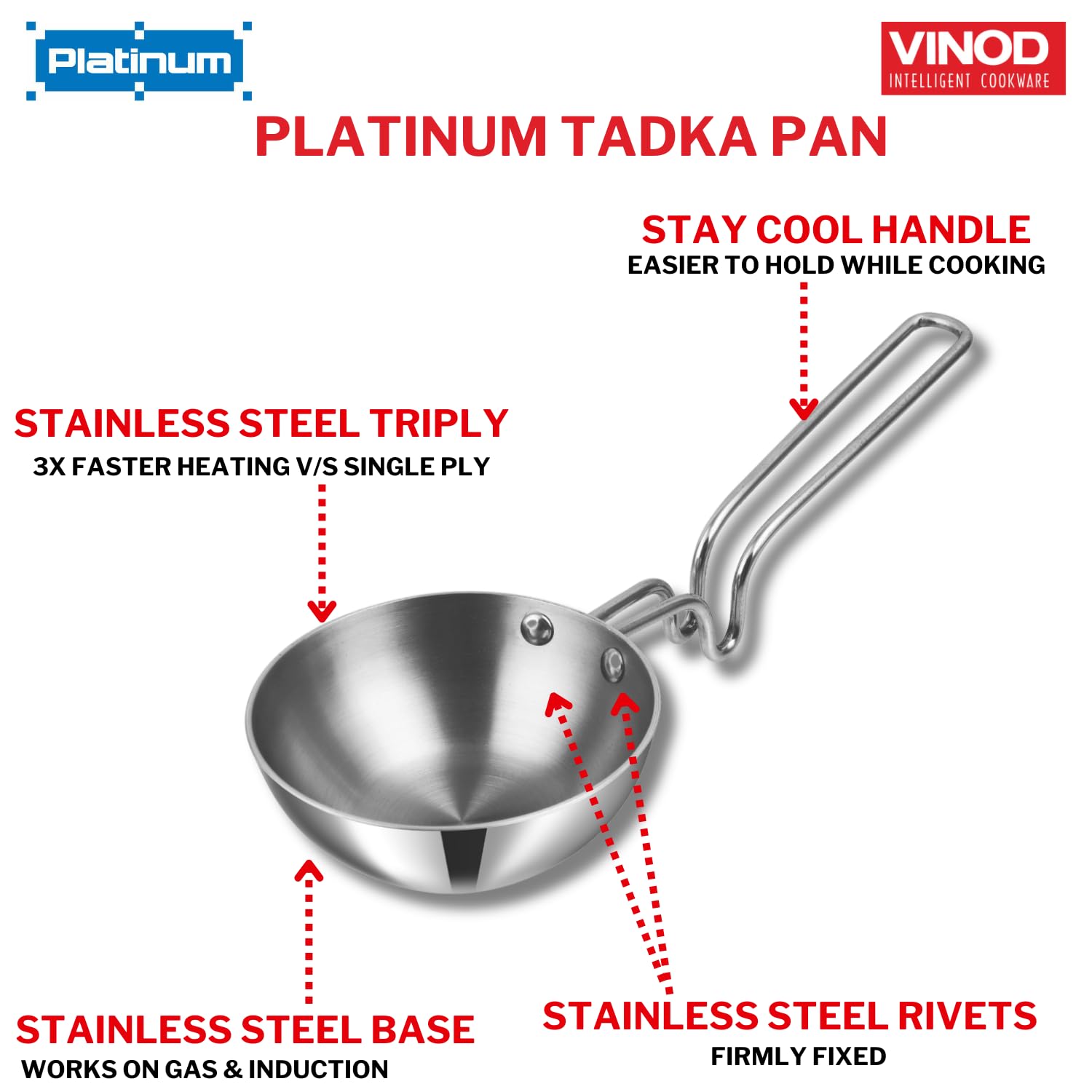 Vinod Platinum Triply Stainless Steel Tadka Pan Large - 300 ml, 11 cm | Balance Design Handle | Vagar Pan | Baghar Pan| Chounk Pan | Flame Safe| 5 Year Warranty - Silver