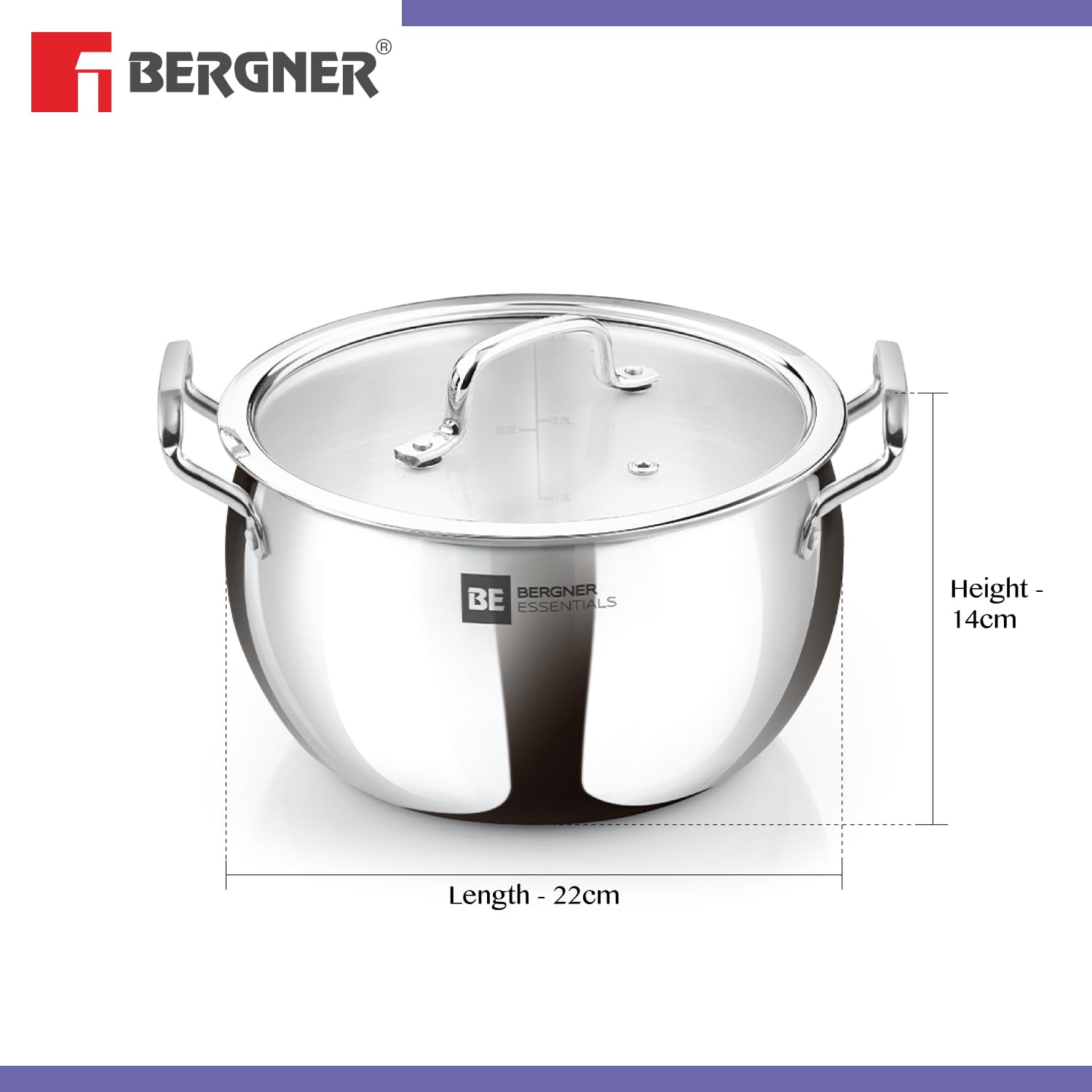 Bergner Essentials Tri-Ply Stainless Steel Rice Handi with Lid, Small, Induction & Gas Ready, 5-Year Warranty