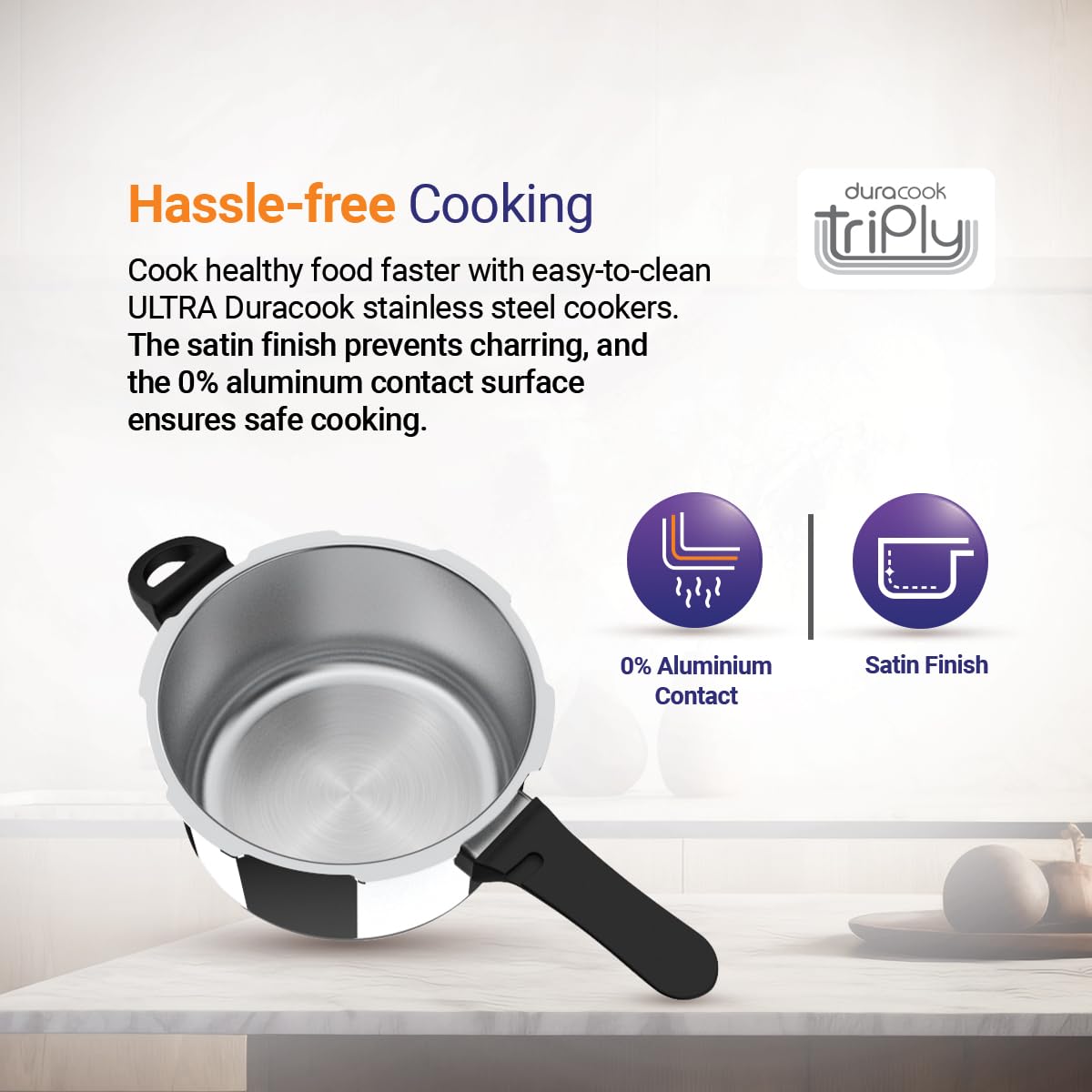 Ultra Duracook Triply Pressure Cooker, Food Grade SS 304, Induction Compatible, 5-Year Warranty
