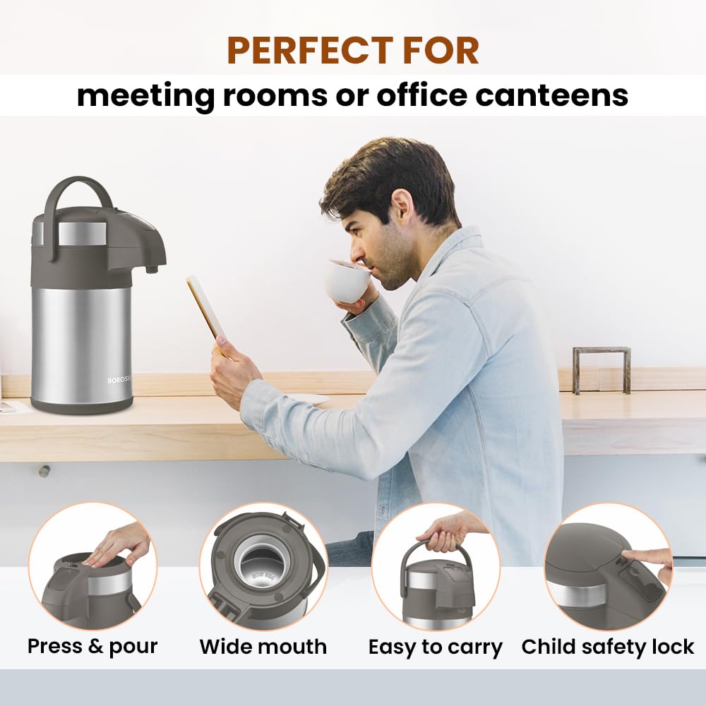 Borosil Hydra Airpot 3 L Stainless Steel Vacuum Insulated Beverage Dispenser with Handle, Pump, 360° Rotation Mechanism & Safety Lock, Leak Proof 24 Hrs Hot & Cold Tea/Coffee Serving Thermos Flask