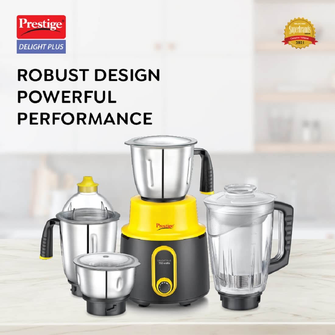 Prestige Delight Plus 750W Mixer Grinder | 3 SS Jars & 1 Juicer Jar