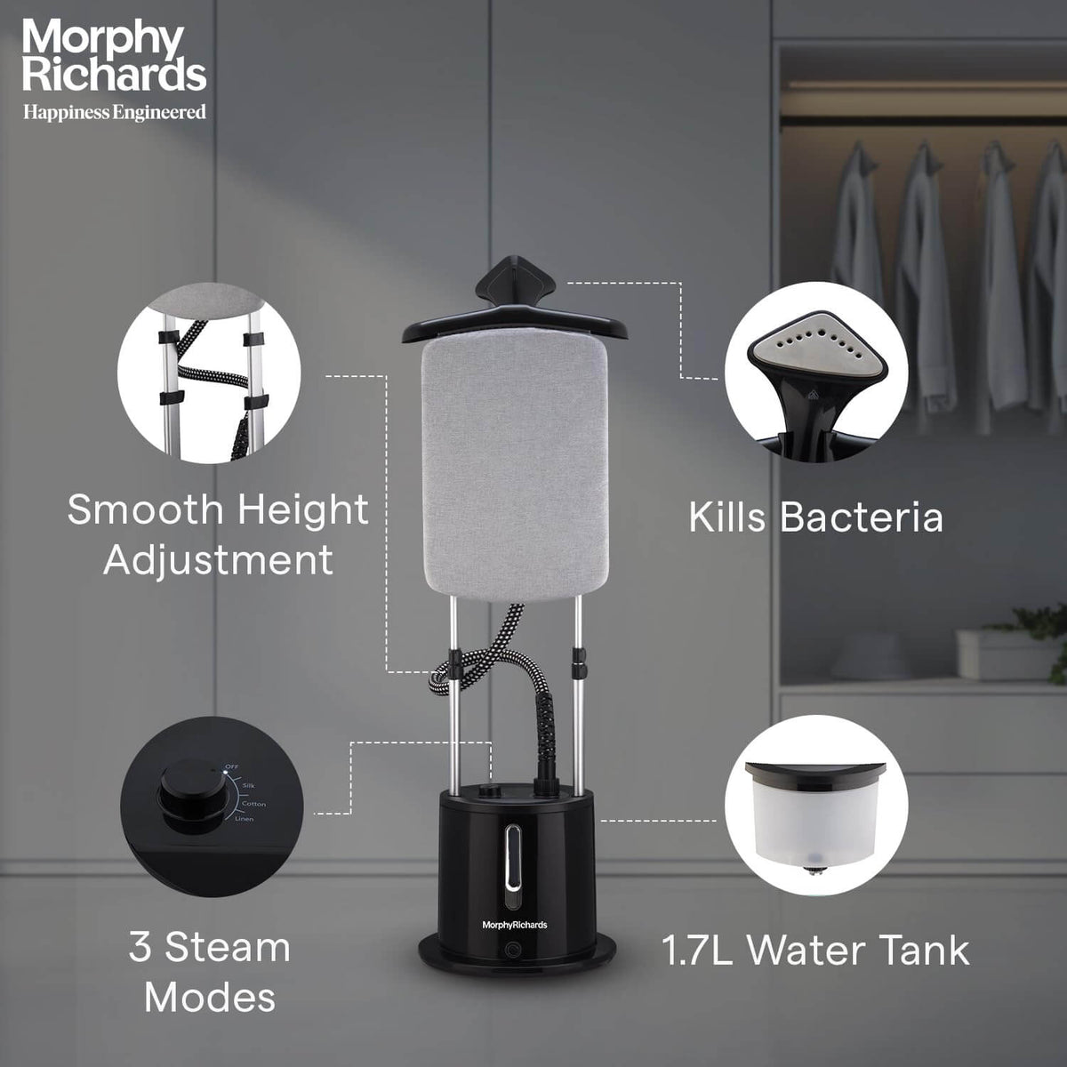 Vogue garment steamer showing powerful steam output on hanging clothes 45gm per minute