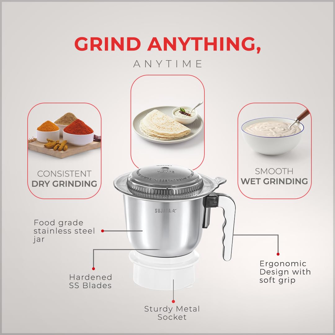 Sujata Dynamix 1 litre stainless steel grinding jar with metal socket and soft-grip handle for dry and wet grindings