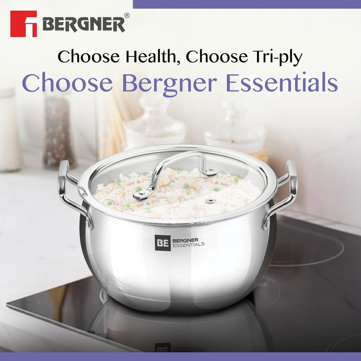 Bergner Essentials Tri-Ply Stainless Steel Rice Handi with Lid, Small, Induction & Gas Ready, 5-Year Warranty
