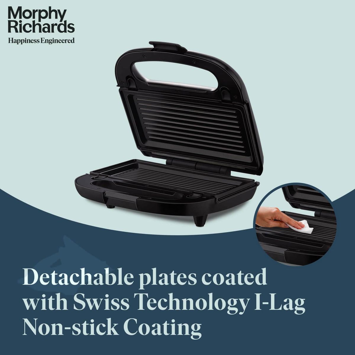 Morphy Richards sandwich maker showing detachable plates with Swiss I-Lag non-stick coating for easy cleaning.