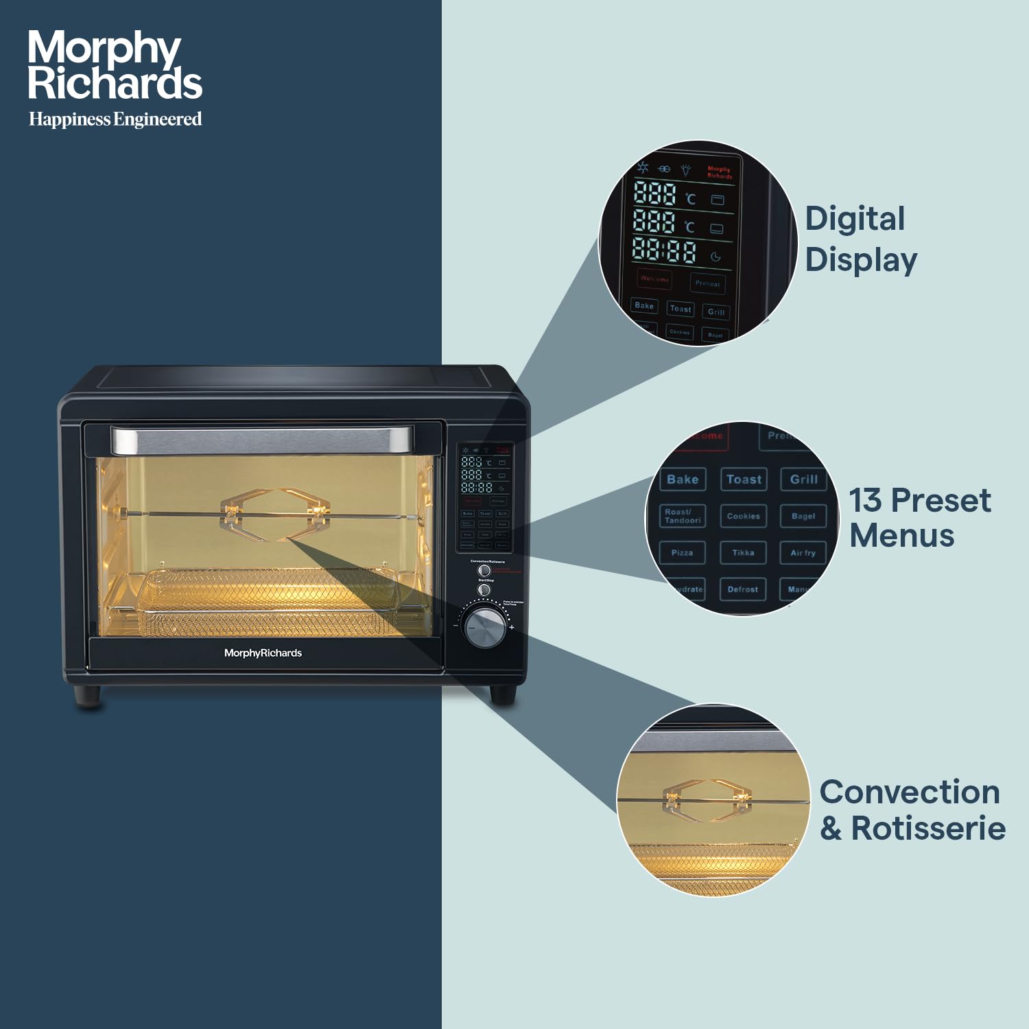 Morphy Richards 29L Digital OTG Oven | 13 Preset Menu | air Fryer, Dehydrator & Rotisserie | 2000W Deep Blue (29RCAD DIGI)