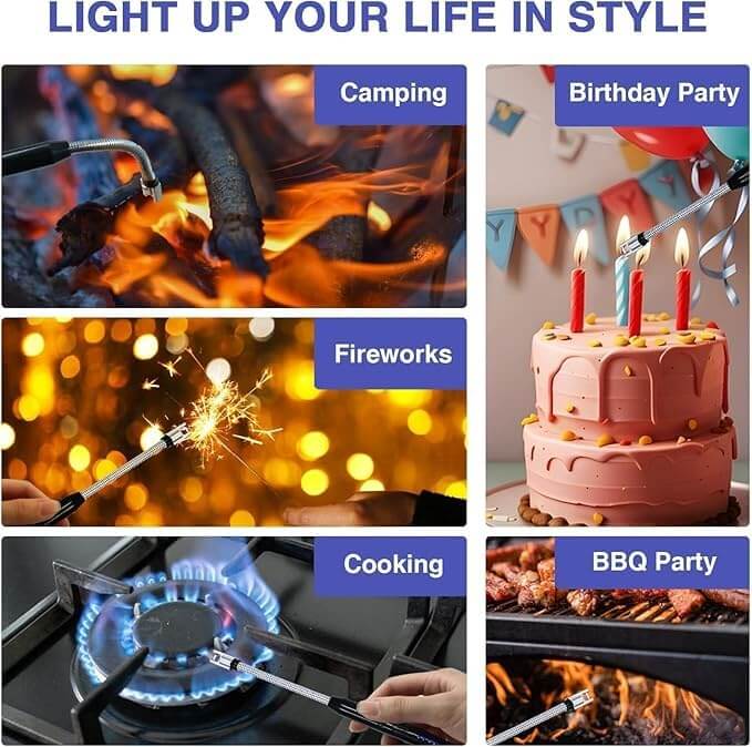 Variety of uses for the electric rechargeable gas lighter: camping, birthday parties, fireworks, cooking, and BBQ gatherings.