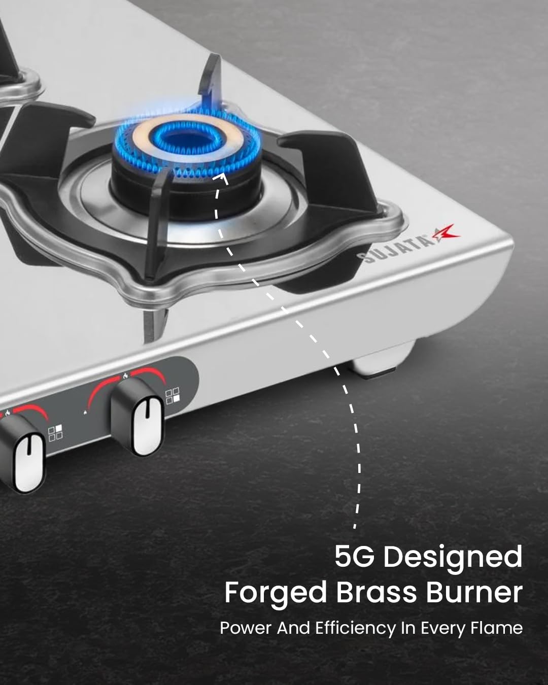 Sujata Majestic gas stove jumbo forged brass burners close up
