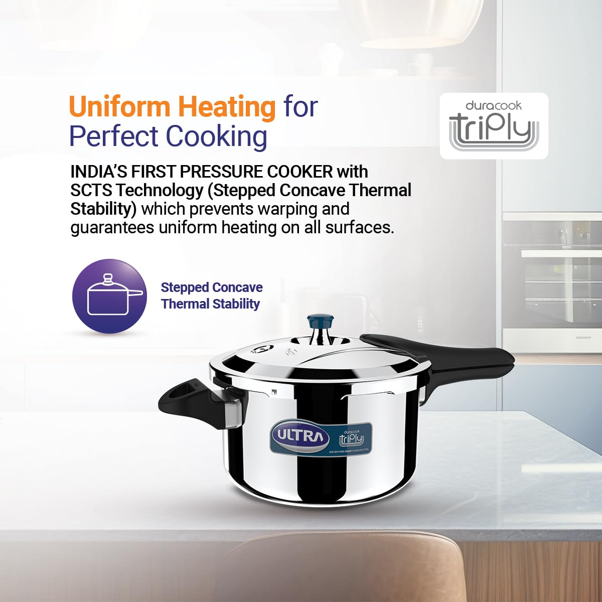 Ultra Duracook Triply Pressure Cooker, Food Grade SS 304, Induction Compatible, 5-Year Warranty