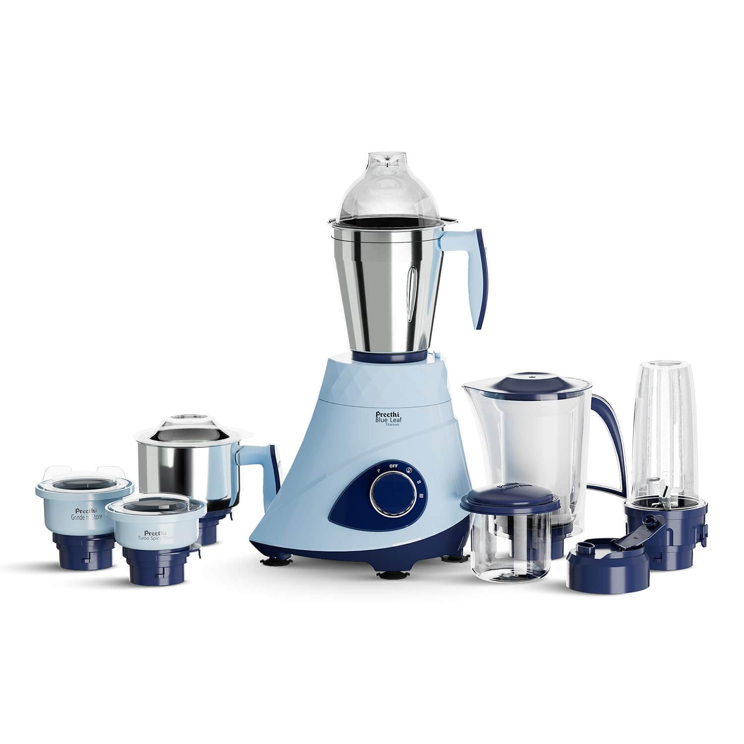 Preethi Blue Leaf Titanium mixer grinder 1000W with 6 jars complete set light blue color MG218
