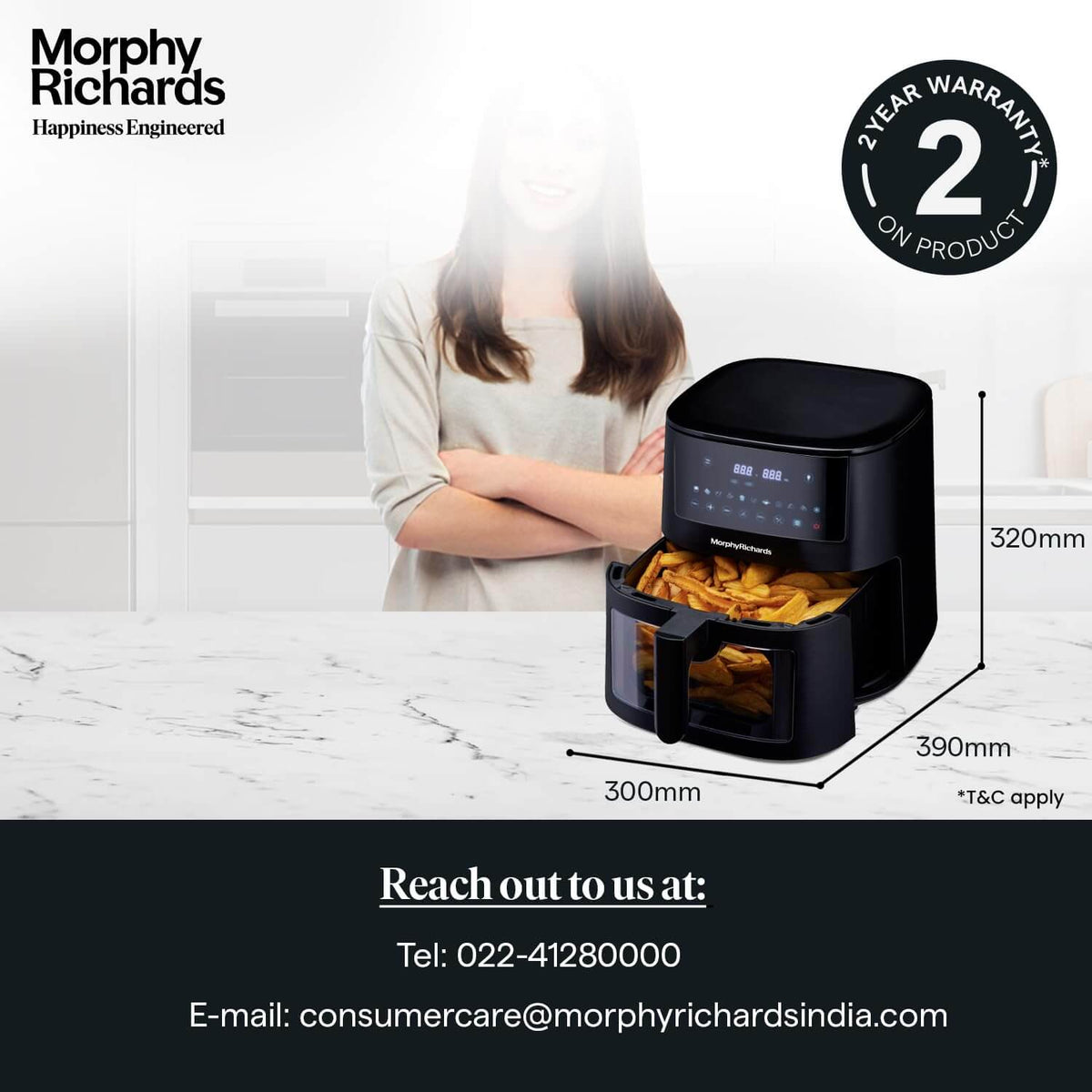 Morphy Richards Crystal Crisp 6.5L Air Fryer with transparent window, dual fan technology, and 11 presets in kitchen setting.