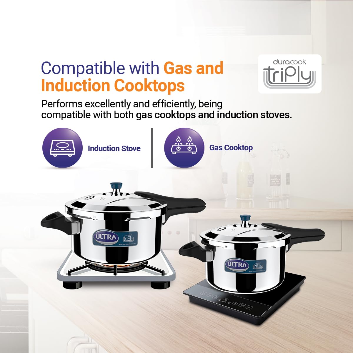 Ultra Duracook Triply Pressure Cooker, Food Grade SS 304, Induction Compatible, 5-Year Warranty