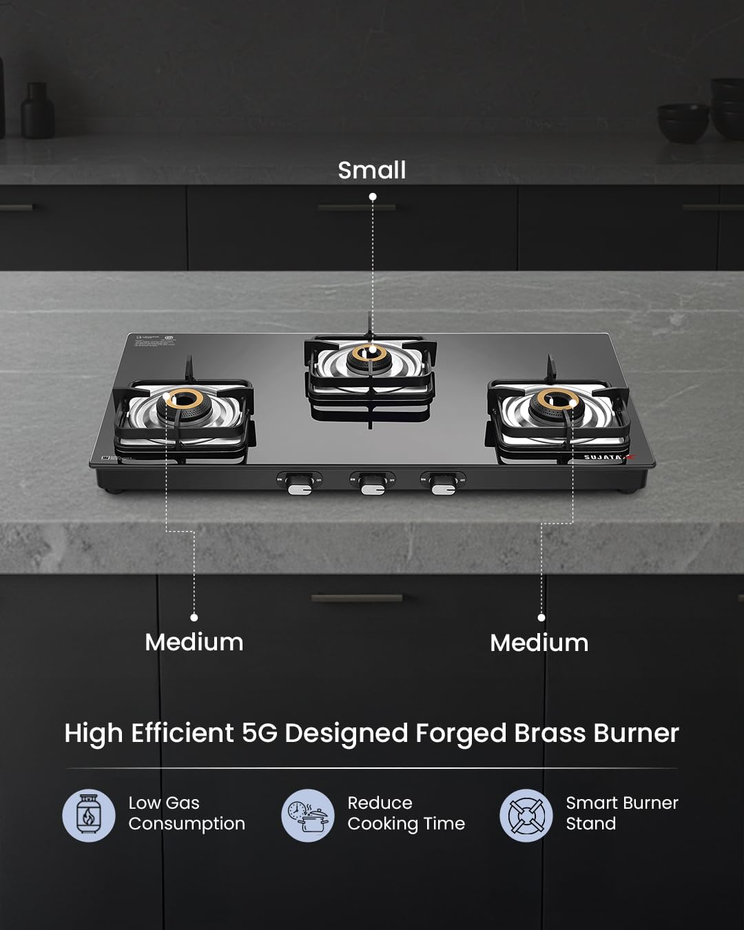 Black glass top auto ignition gas stove 3 burner with jumbo brass burners