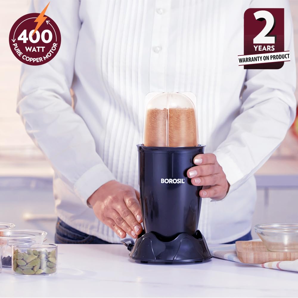 Borosil NutriFresh 2-in-1 Mini-Blender & Grinder - 400W, Black with 500ml Smoothie Jar & 300ml Chutney Jar