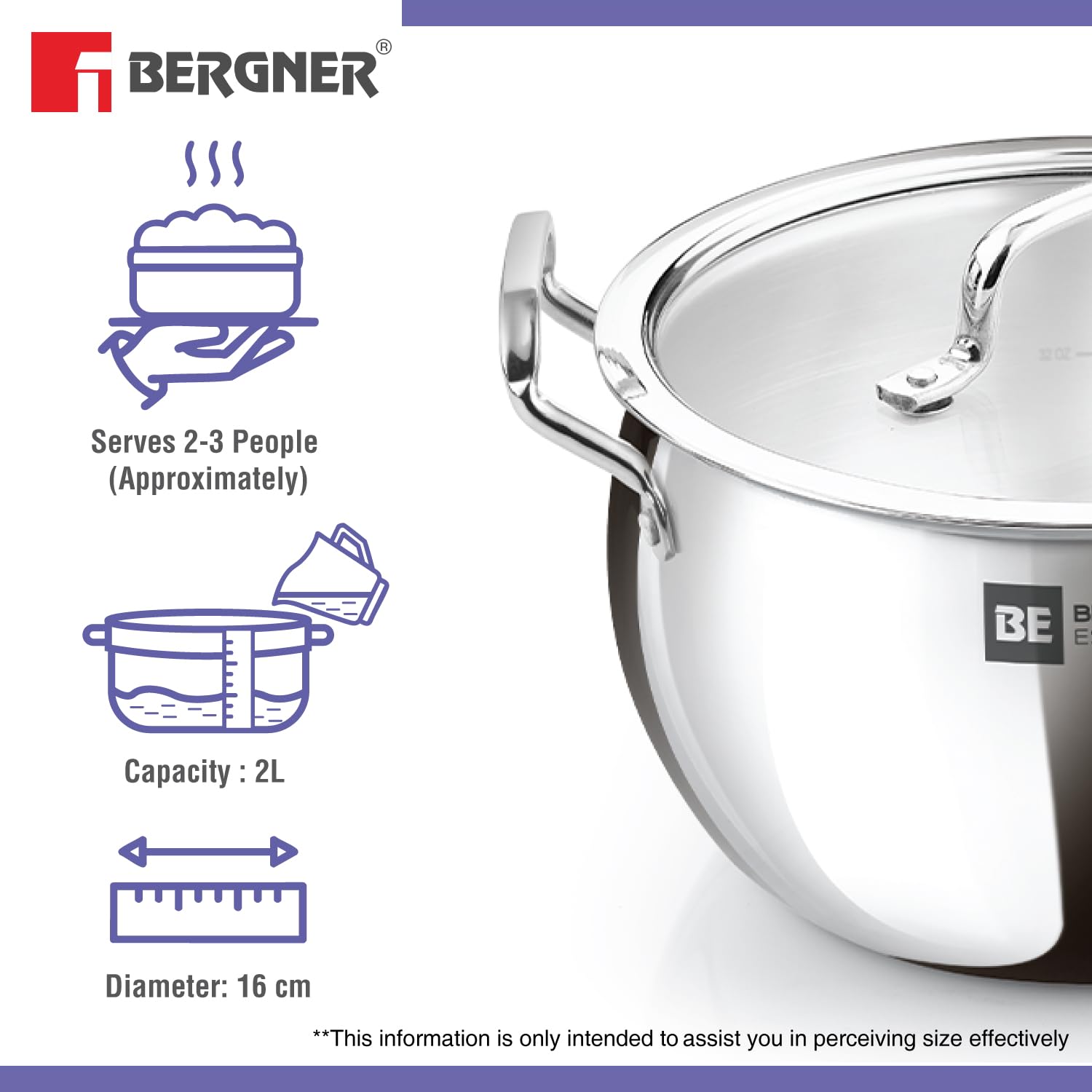 Bergner Essentials Tri-Ply Stainless Steel Rice Handi with Lid, Small, Induction & Gas Ready, 5-Year Warranty